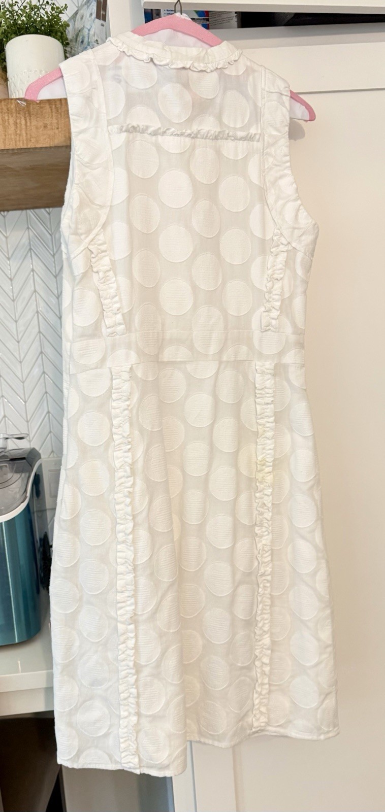 Tory Burch White Polka Dot Shift Knee-Length Ruffle Sleeveless Button Sz 8