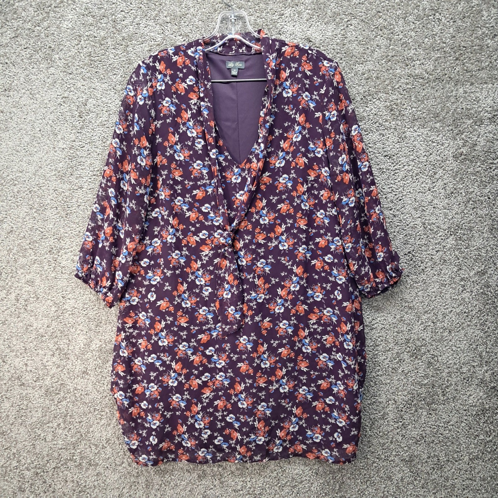 Lily Rose Womens Floral Chiffon Tie Front Shift Dress Eggplant Rust Purple Sz M