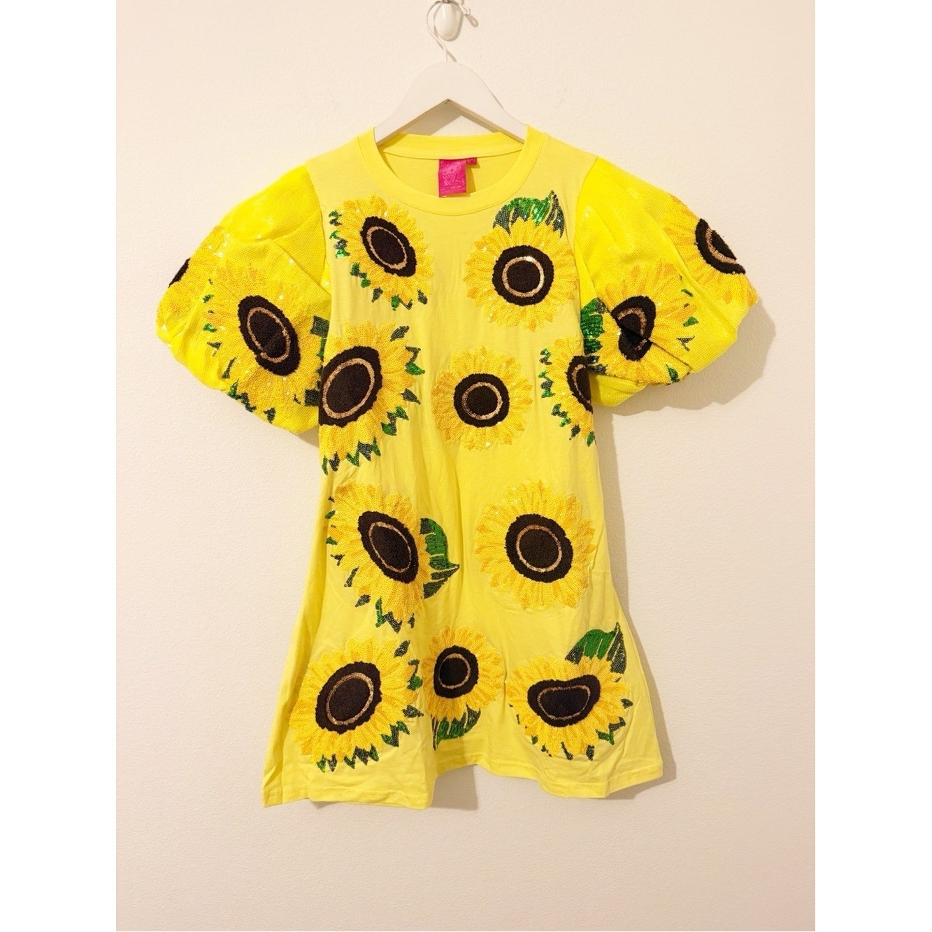 NEW Queen of Sparkles Sunflower Sequin Dress Puff Sleeve Yellow XS *