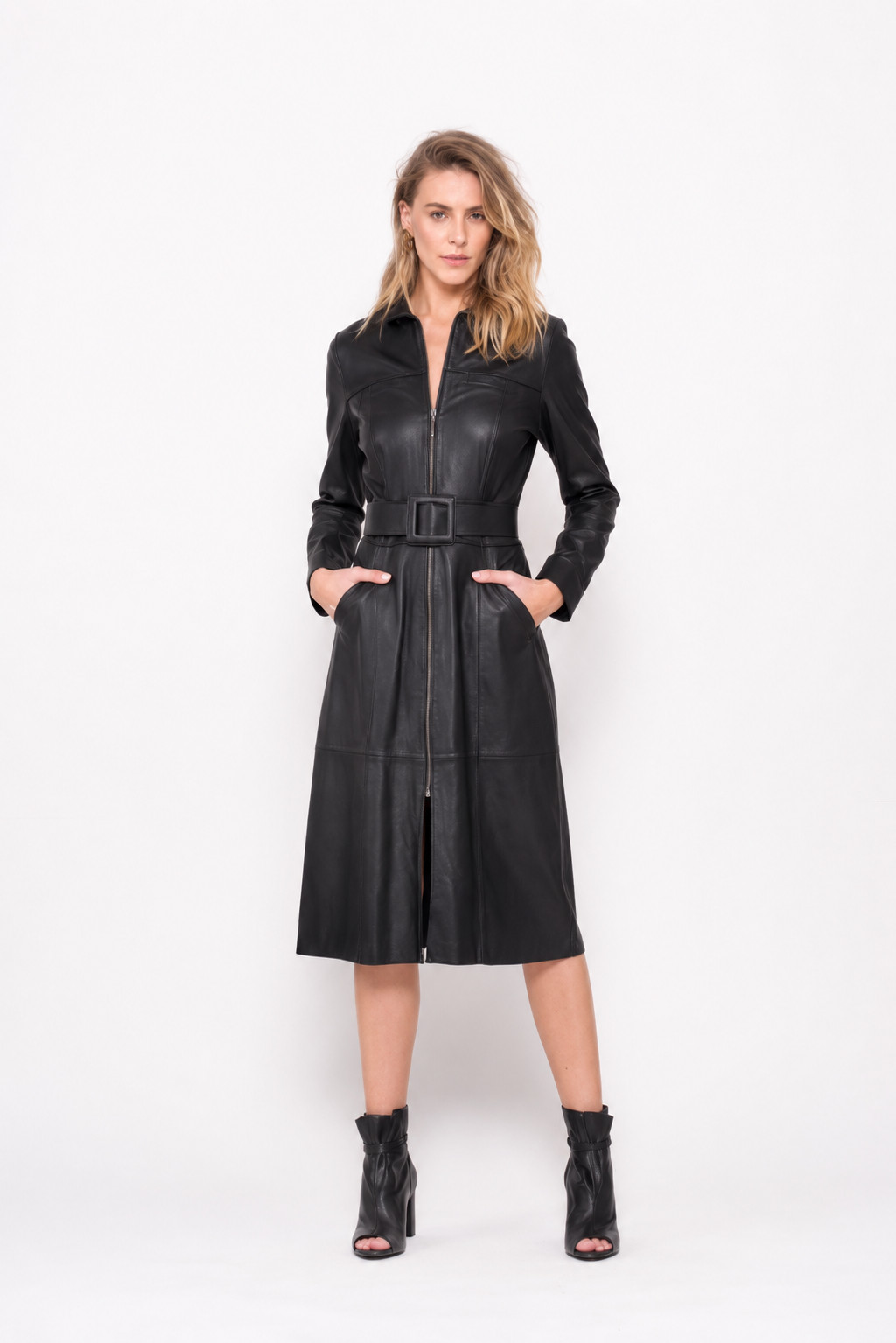 Women’s Black Genuine Lambskin Leather Shirt Dress Belted Zip Midi Dress