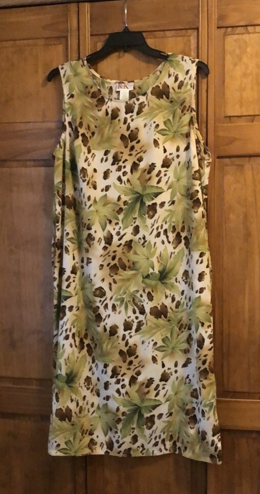 Vintage Sleeveless Dress R & K Originals Tan Leopard Palm Leaf Size 10