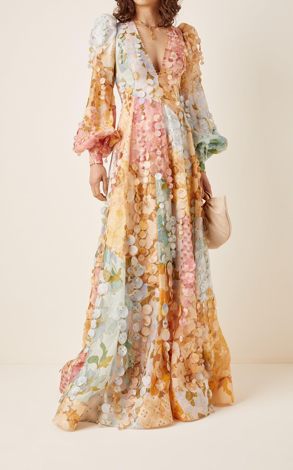 Zimmermann Tempo Disc Embellished Floral Linen Silk Gown Size 0