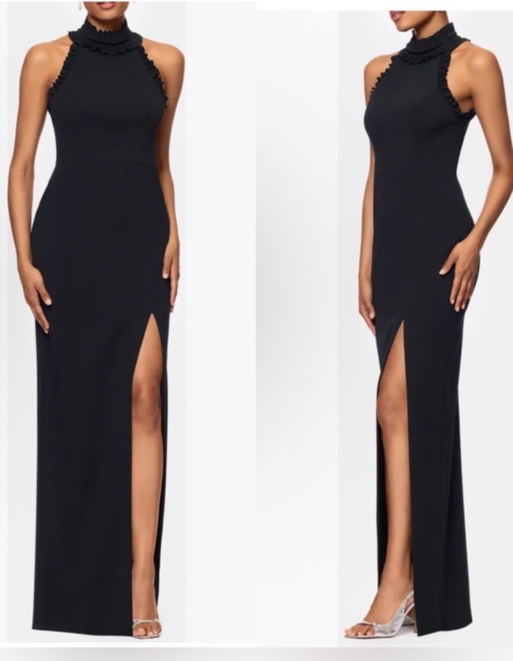 Xscape Ruffle Trim Mock Neck Evening Gown Black Dress Slit Front Sz 8Petite NWT