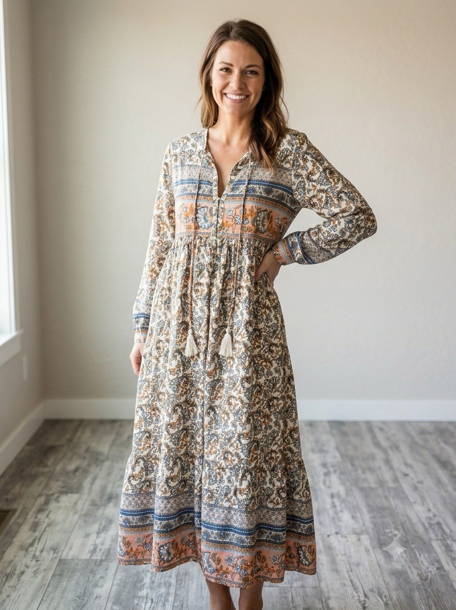 R. Vivimos Boho Paisley Floral Maxi Peasant Dress M Cotton Blend Tassels Empire