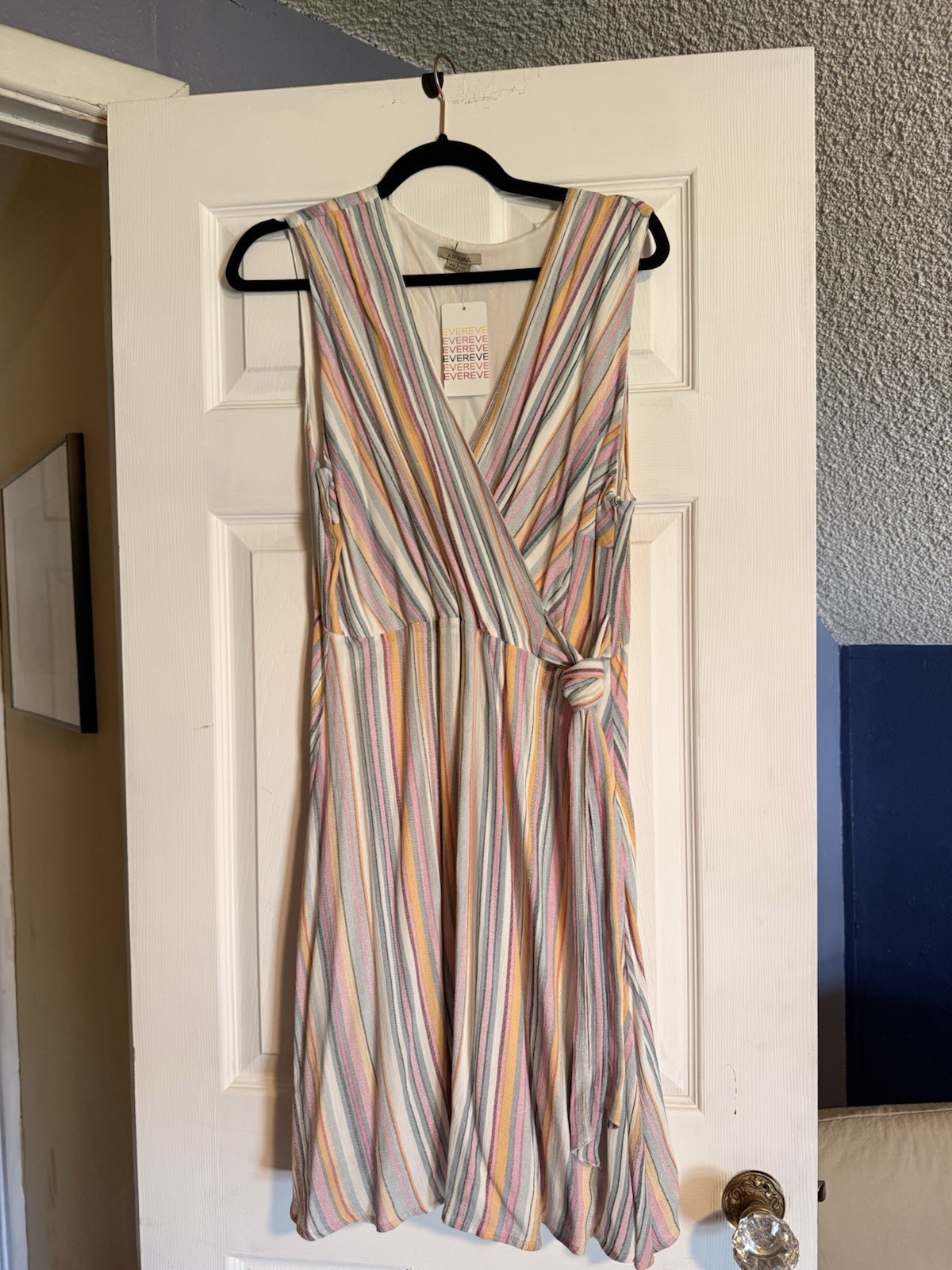 NWT Amana Striped Faux Wrap Dress With Side Zipper, Sleeveless, Size L