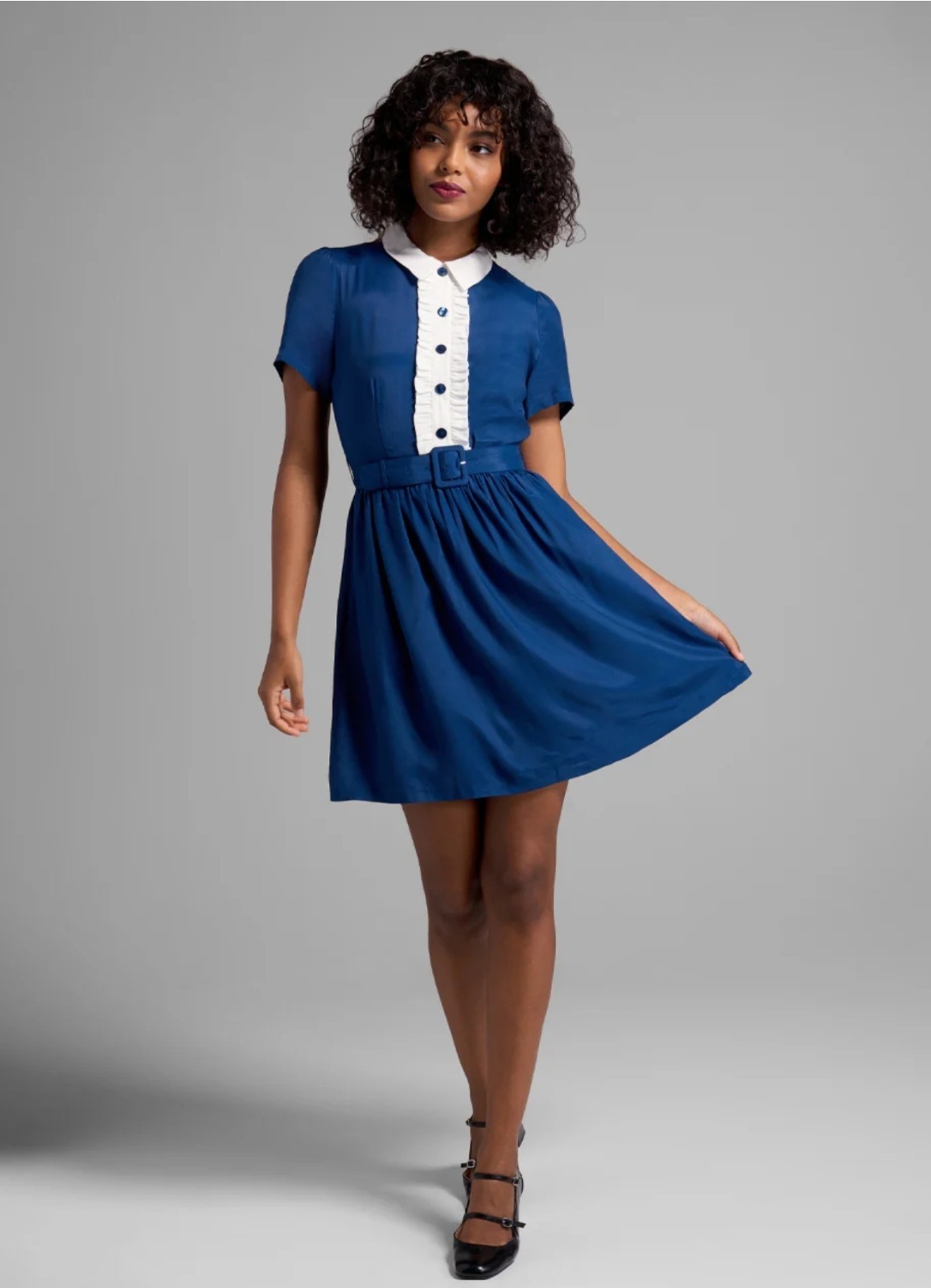 ModCloth A-line Shift Mod Dress Blue White Collar Ruffle Fit Flare Size 14 NWT