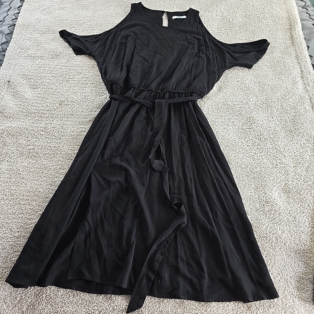 JustFab Womens Dress Black Belted Midi Scoop Neck Cold Shoulder Sz XXL NWT