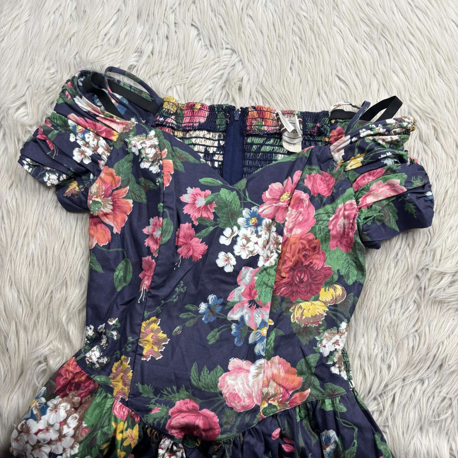 Vinateg 80’s Karin Stevens 4 Floral Sweetheart Off Shoulder Tea Length Dress