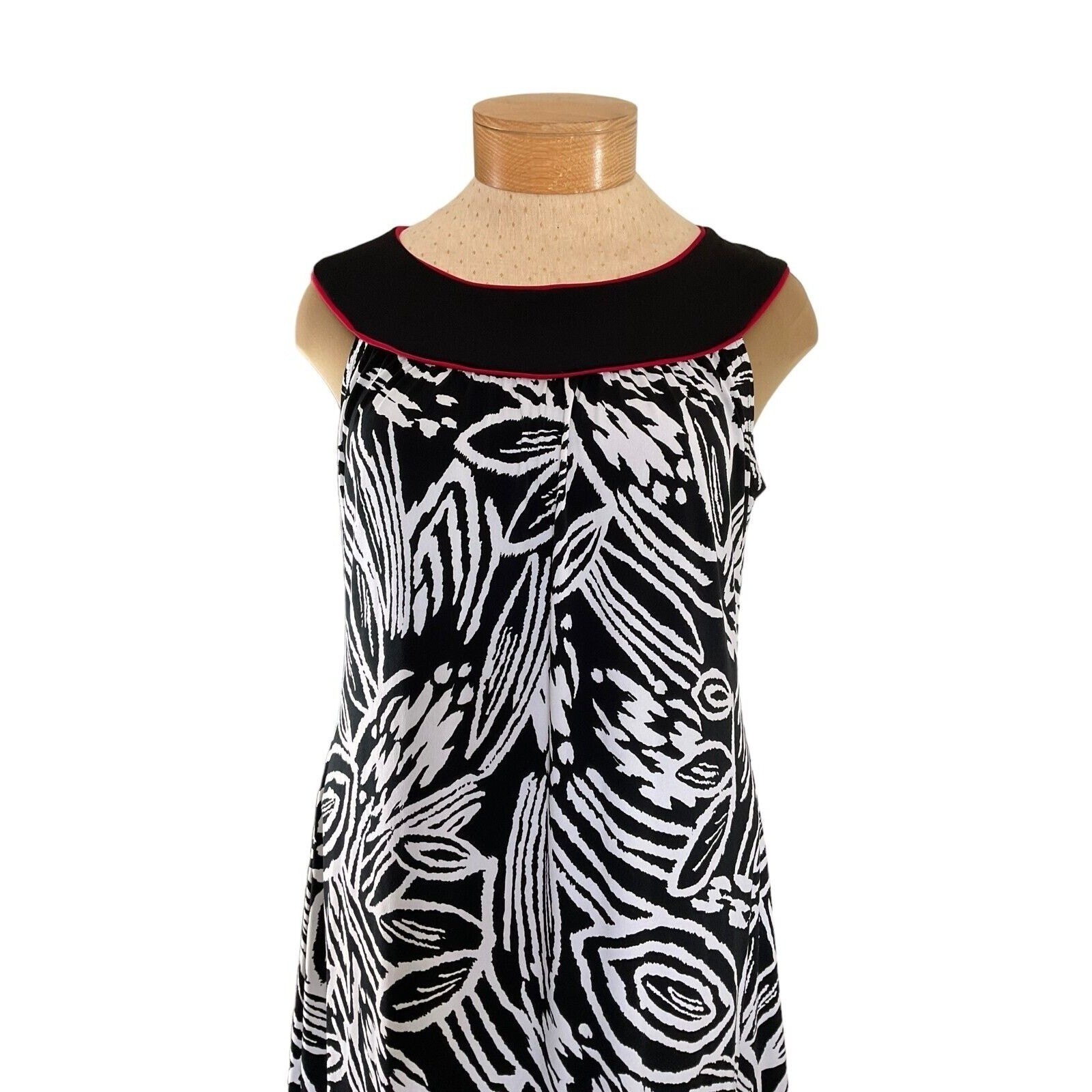 Enfocus Studio Women Black White Abstract Leaf Print Sheath Dress Red Trim 12
