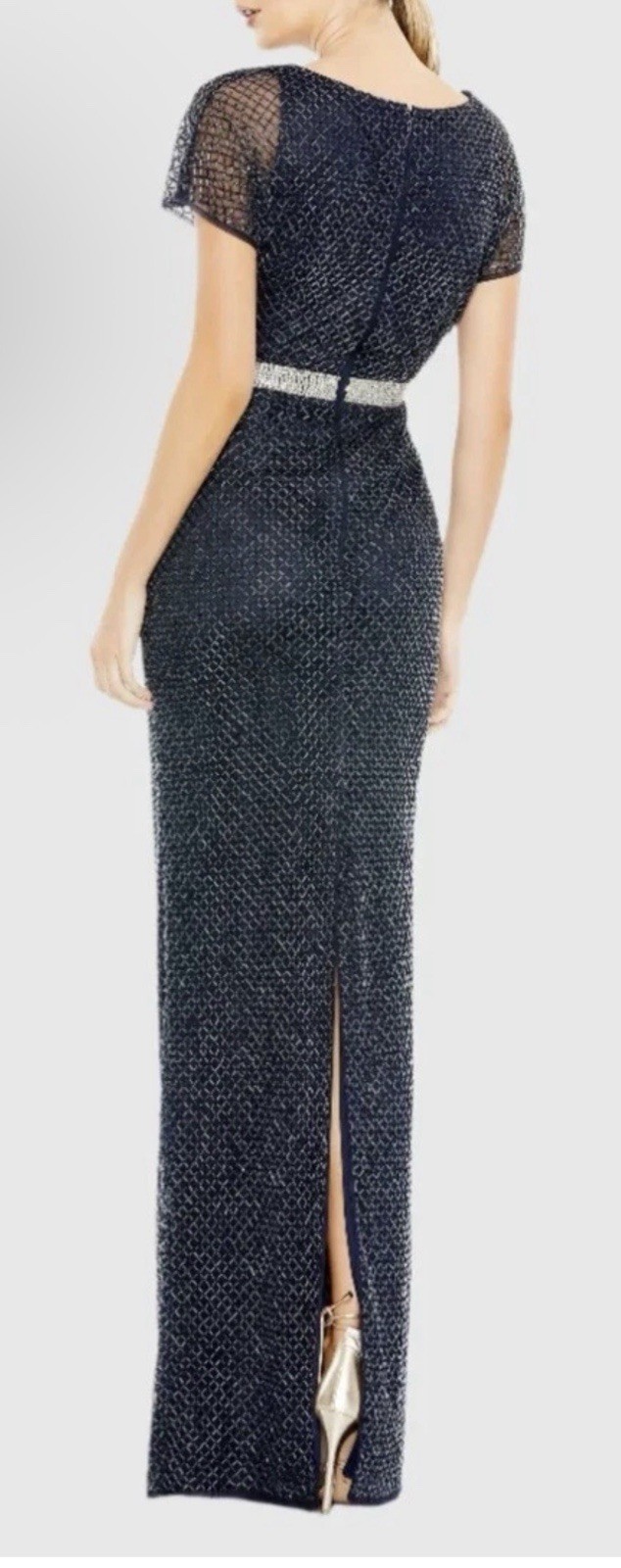 MAC DUGGAL 93678 Sz 16 Navy Beaded Short Sleeve Column Long Gown