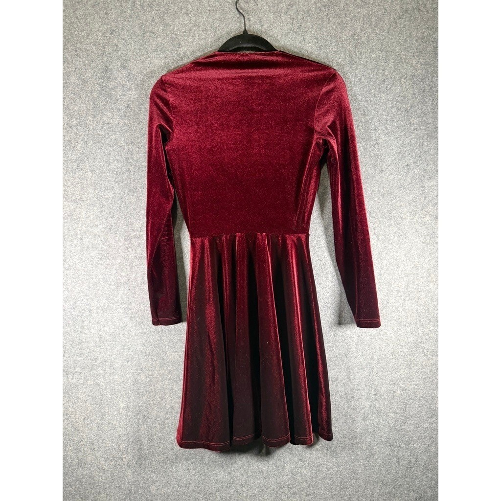 American Apparel Dress Medium Burgundy Velvet Deep V Neck Long Sleeve Skater Min