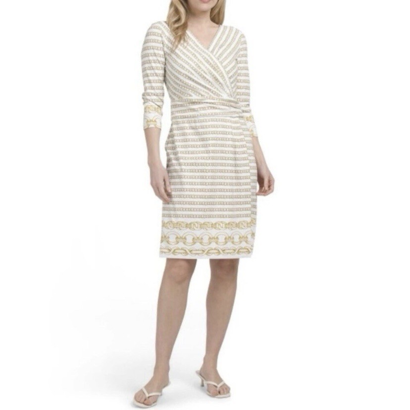 J McLaughlin Dress Womens M Brea Catalina Cloth Faux Wrap Gold Optic Link Preppy