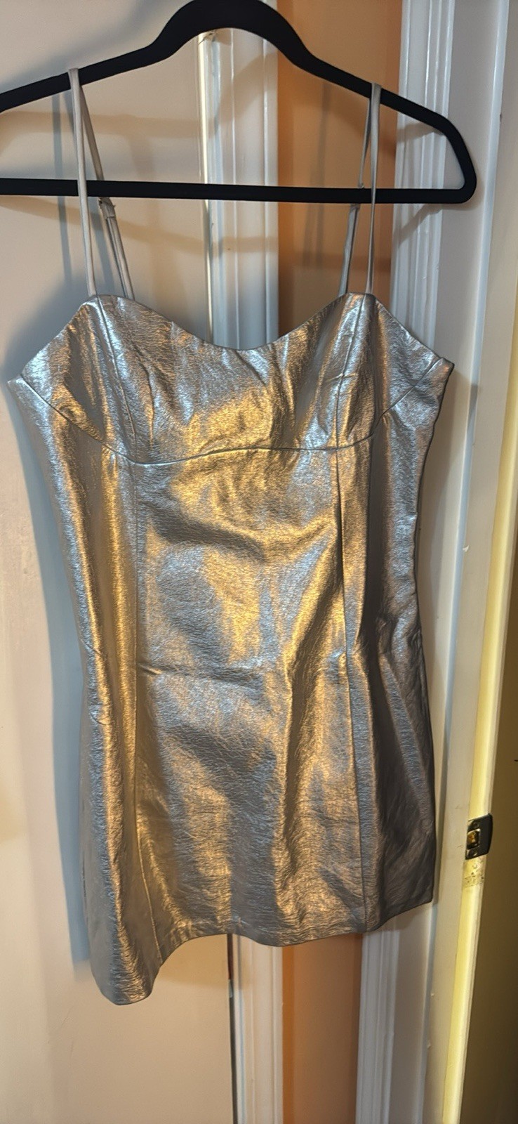 Endless Rose Silver Faux Leather Mini Dress M Sweetheart Spaghetti Strap Zip