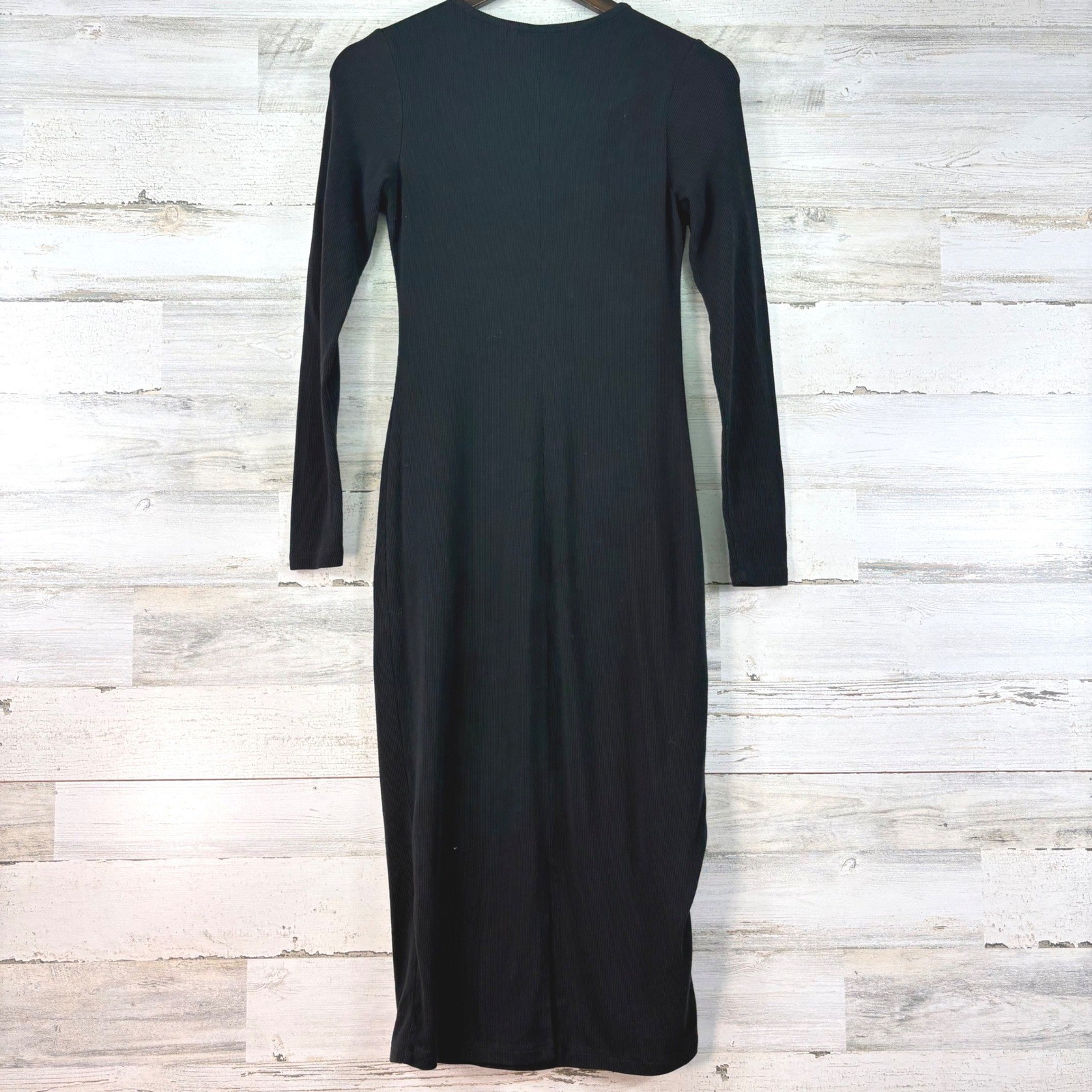 Quince Black Ribbed Minimalist Tencel Lyocell Long Sleeve Midi Bodycon Dress XS
