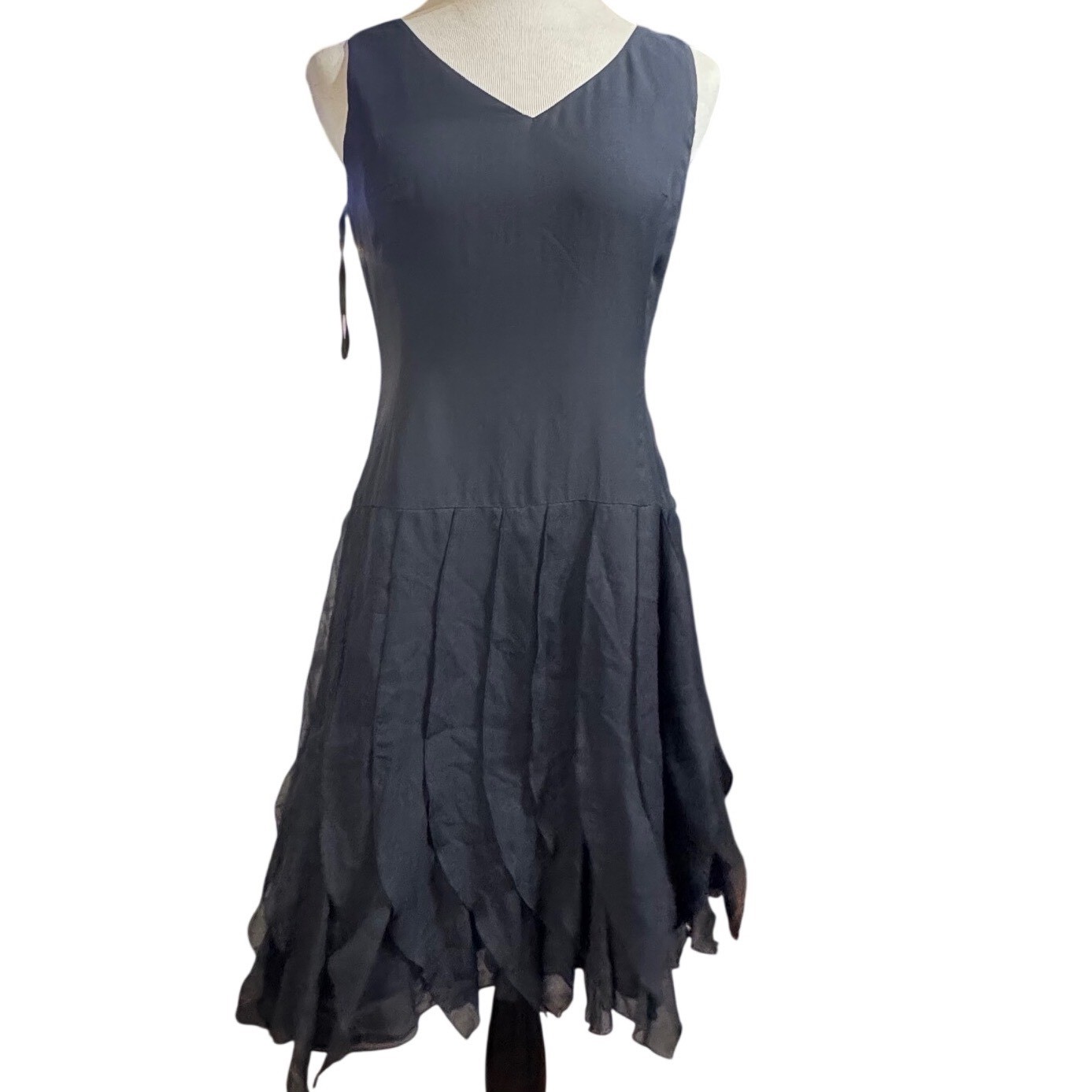 Michelle Antonelli Silk Cocktail Dress Womens 6 Layered Flounce Black Bow Belt
