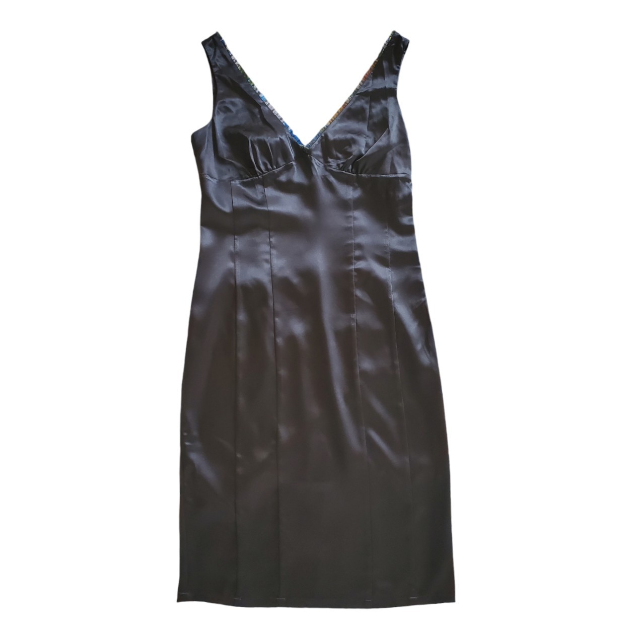 Sz EU 44 US 12 New Chic Star Little Black Satin Slip Dress Classic Sexy Double V