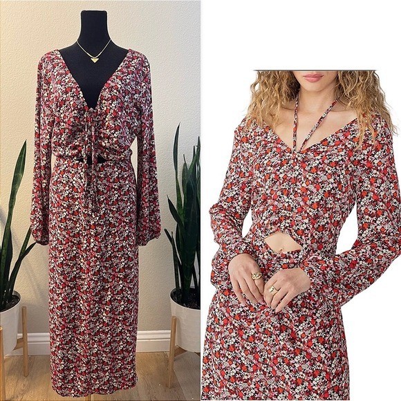Sanctuary Floral Print Midi Dress Large Red Halter Neck Long Sleeves Cutout Boho