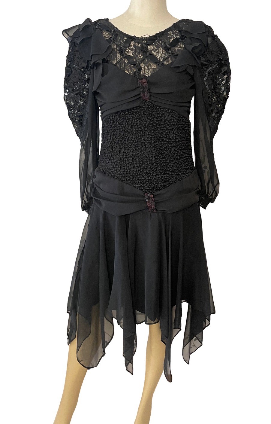 My Fashion USA 80s Gothic Dress Lace Lattice Sequin Shoulder Pads Size 6 Vintage