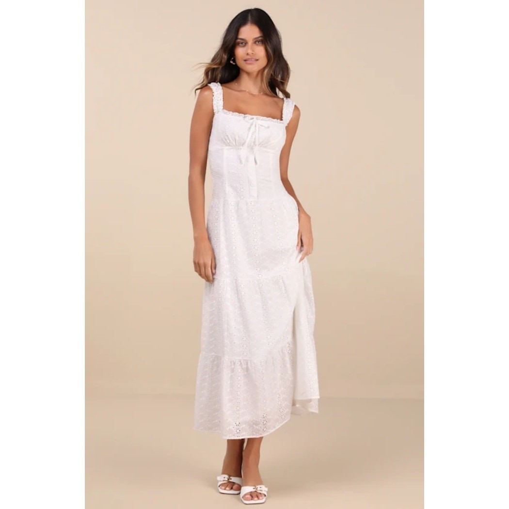 NWT Lulus Nerissa White Eyelet Embroidered Ruffle Drop Waist Midi Dress Tiered M