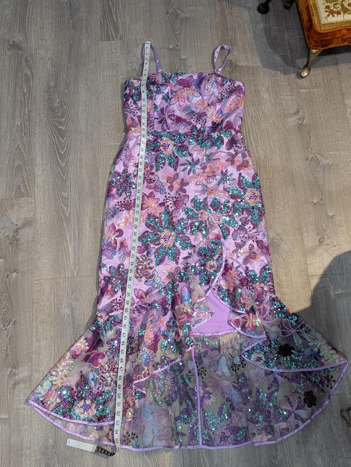 Embroidered Sequin Mesh Ruffle Slit Midi Dress