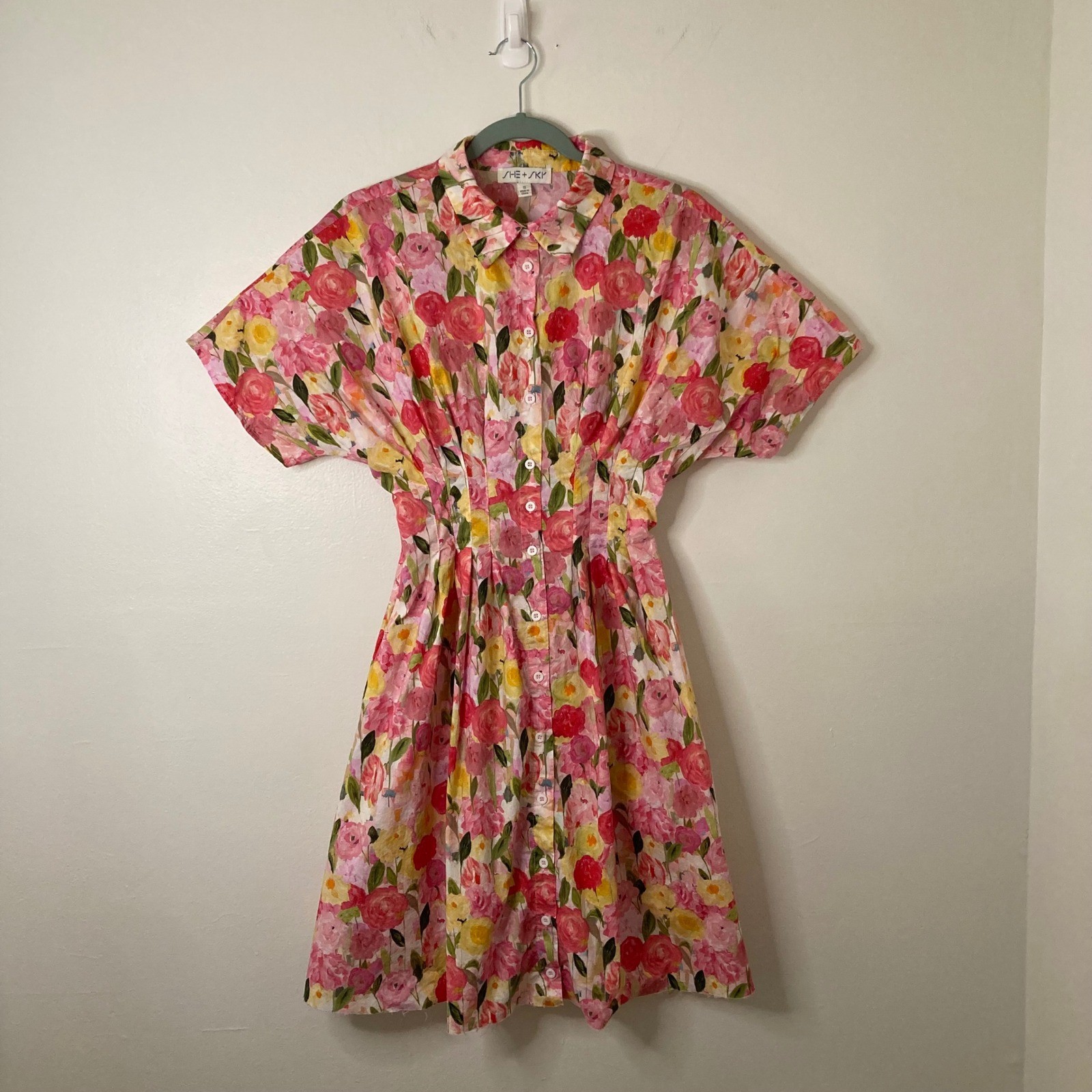 Pink Floral Smocked Waist She + Sky Button Front Shirt Dress Cotton Pockets S