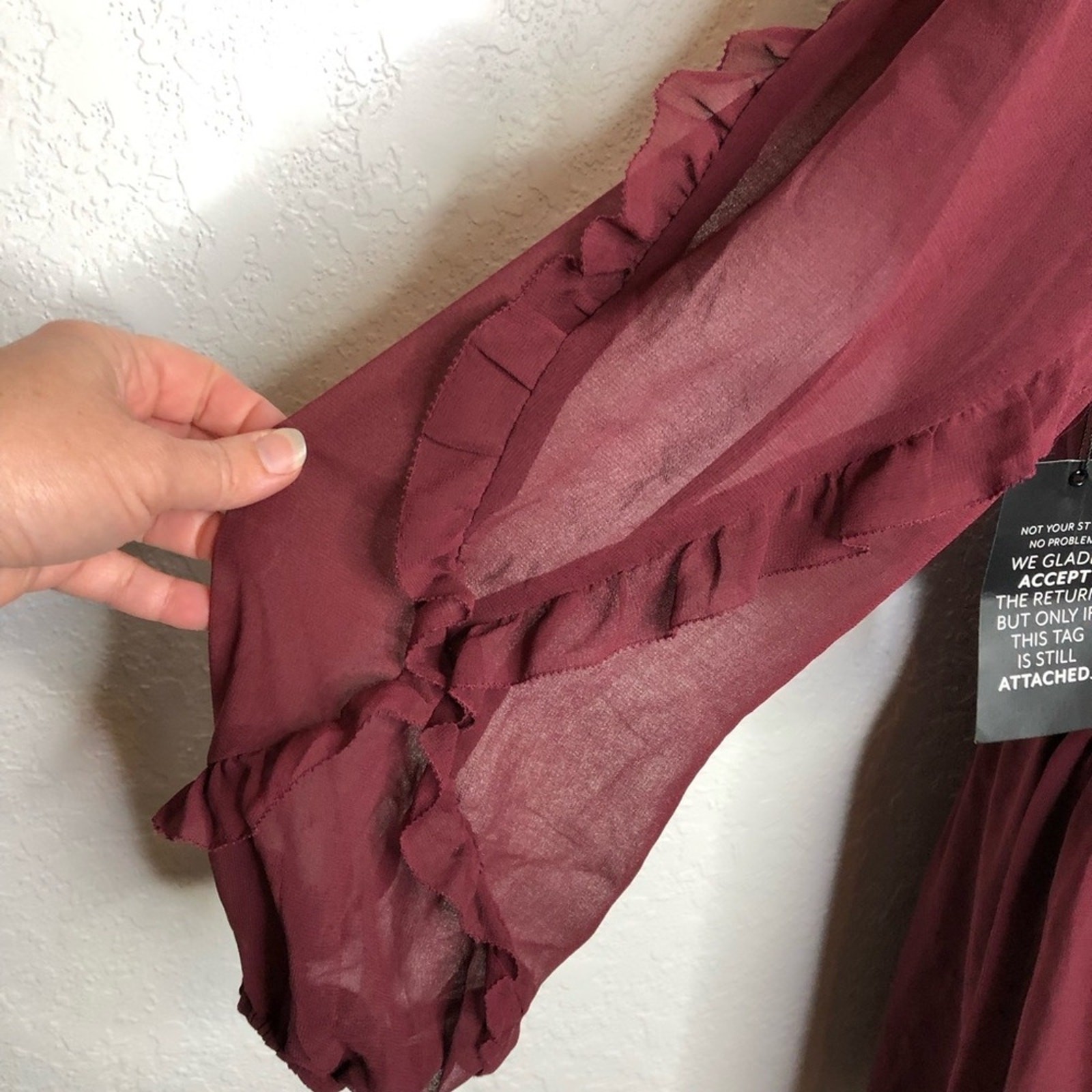 WHBM maroon wine sheer overlay ruffle trim blouson dress size Small NWT