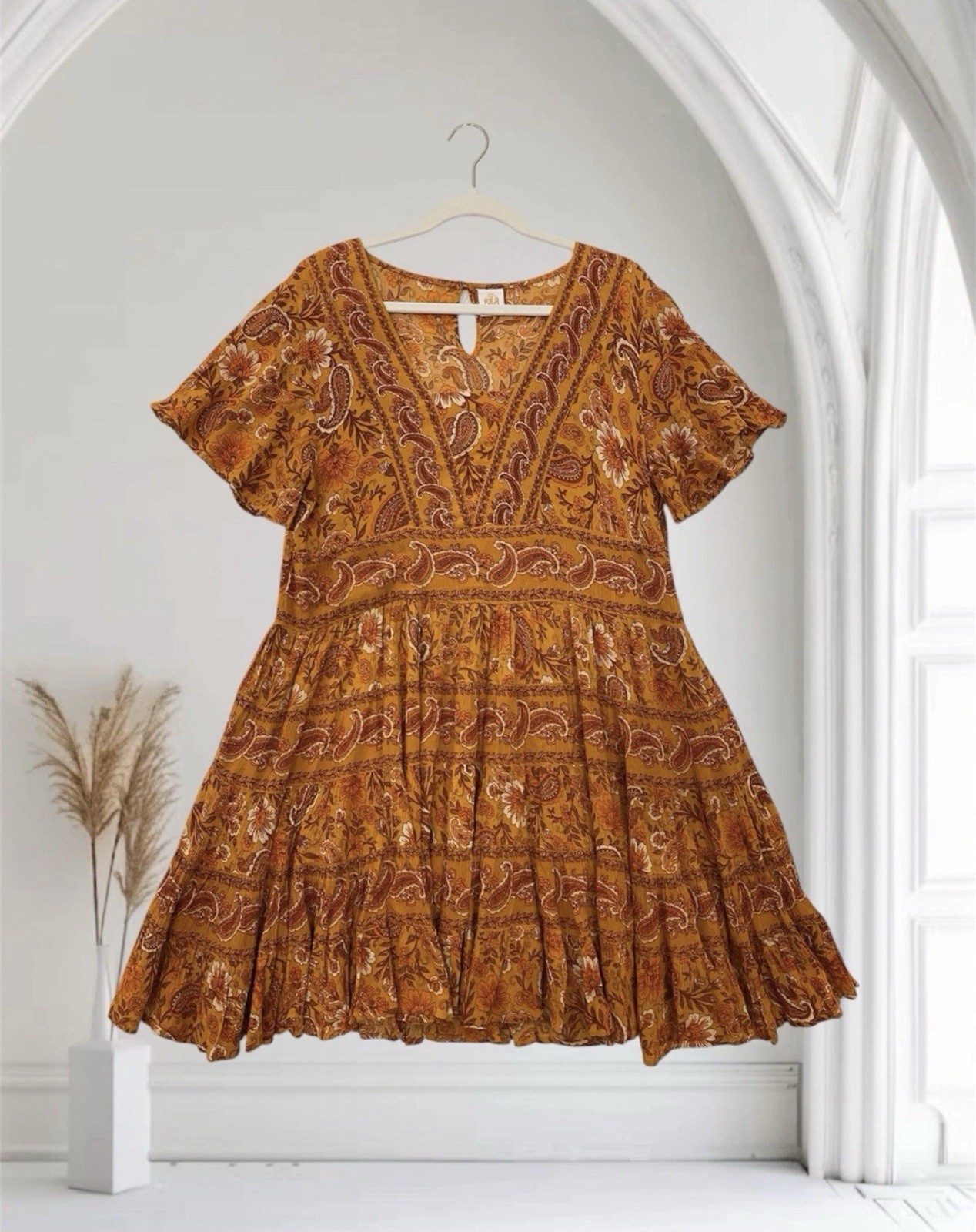 Bila Marigold Floral Fit & Flare Swing Dress Size Large Summer Boho Peasant NWT
