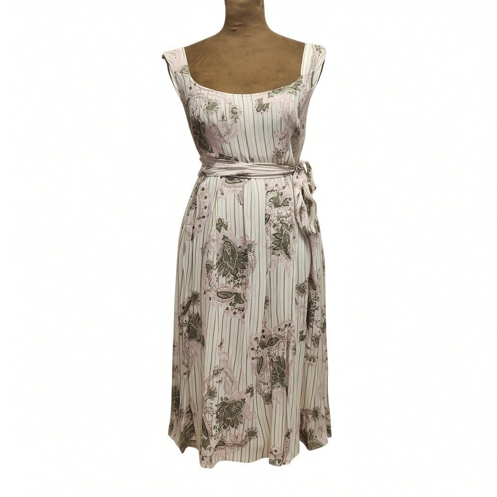 Bastion Womens Paisley Floral Stripe Midi Dress Pink Green Square Neck Size 36