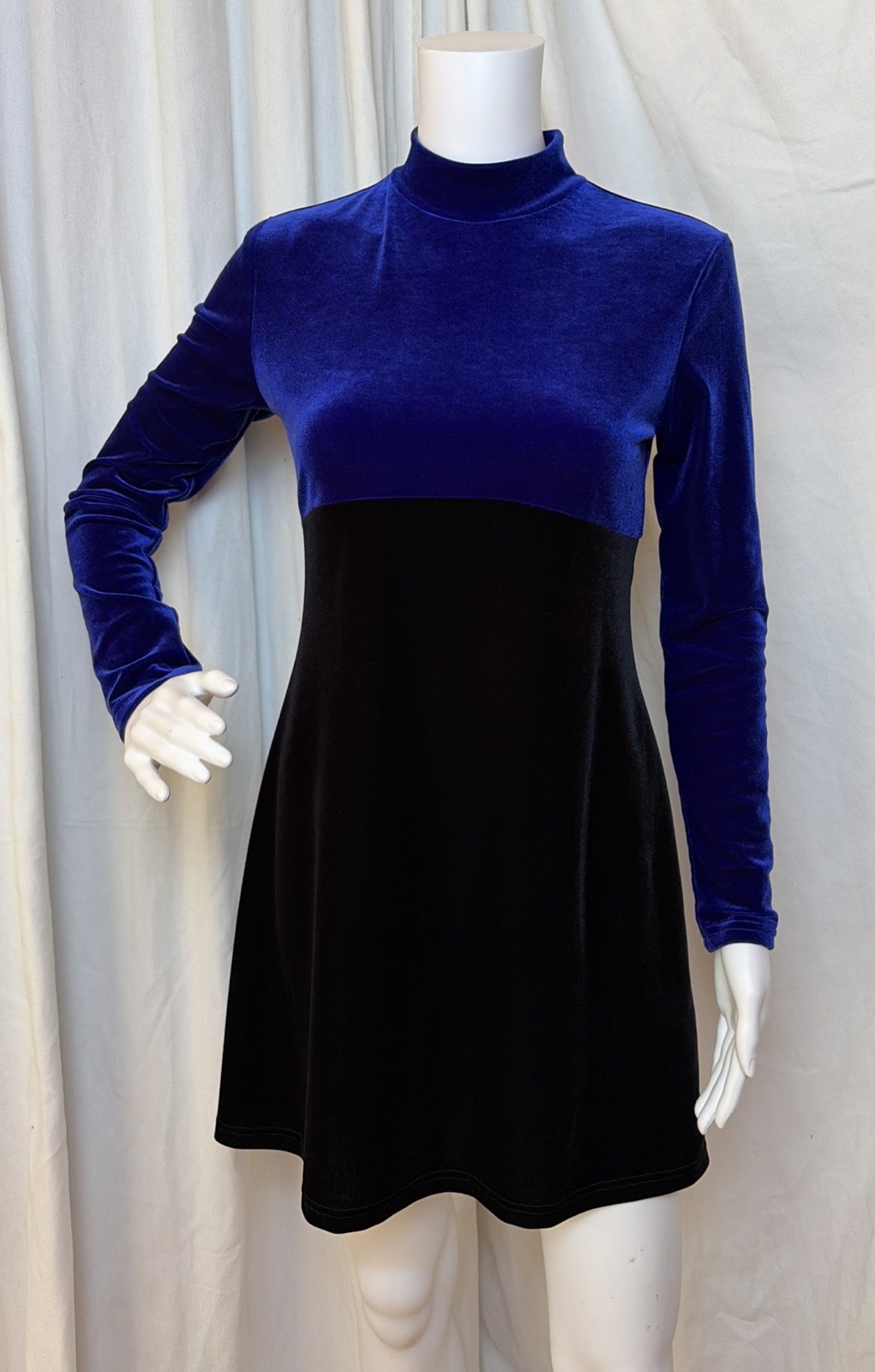 Vtg 90s My Michelle Stretch Velvet Blue Black Color Block Mini Dress SZ S
