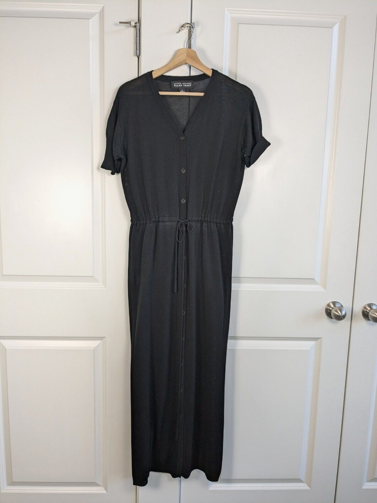 Linda Allard Ellen Tracy Dress L Black Button Front Tie Waist Knitted Maxi Dress