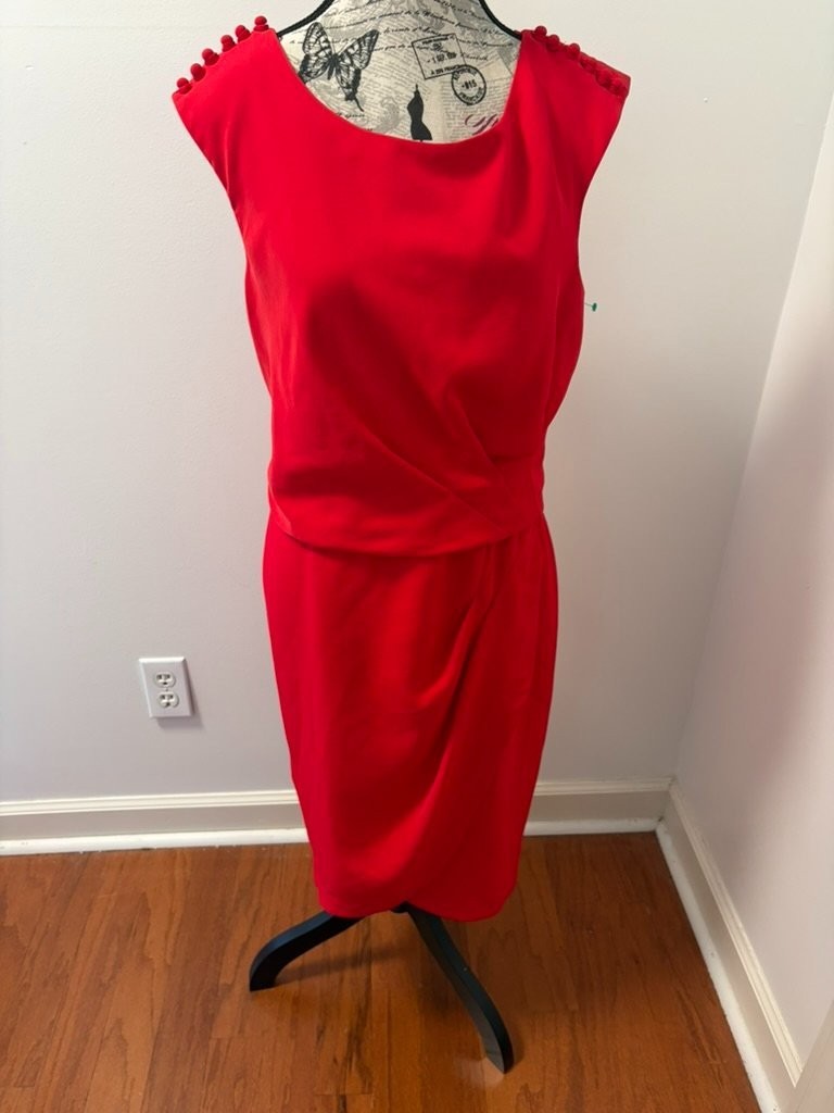 London Times Red Sleeveless Sheath Dress Women’s Size 14 Beaded Shoulder RN58142