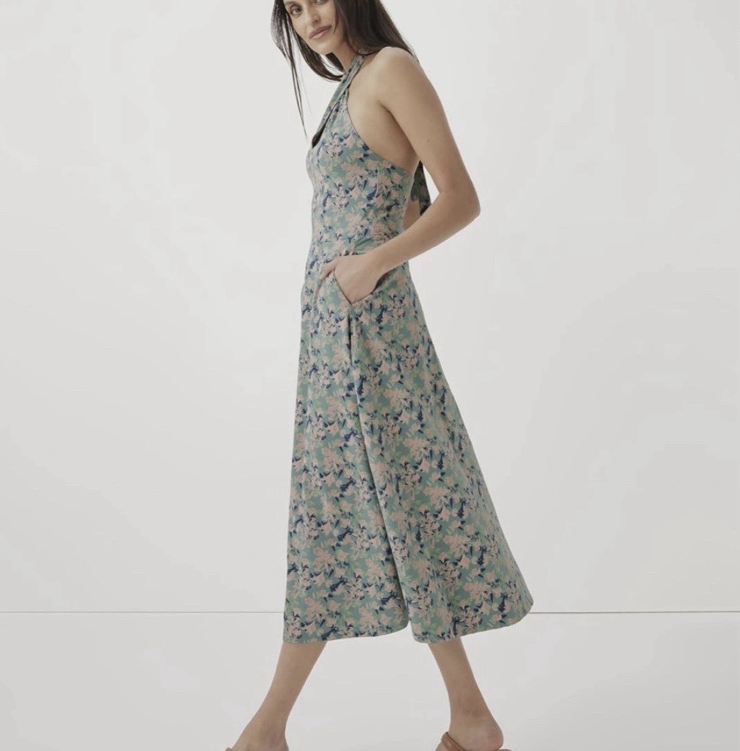 Pact Floral Maxi Dress Sleeveless Halter Backless Tie Pockets Cotton L