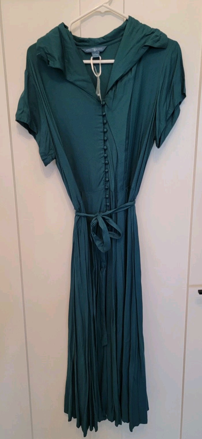 NWT Cornell Romantic Shirtdress L Midi Belted Blue Teal Fabric Covered Buttons