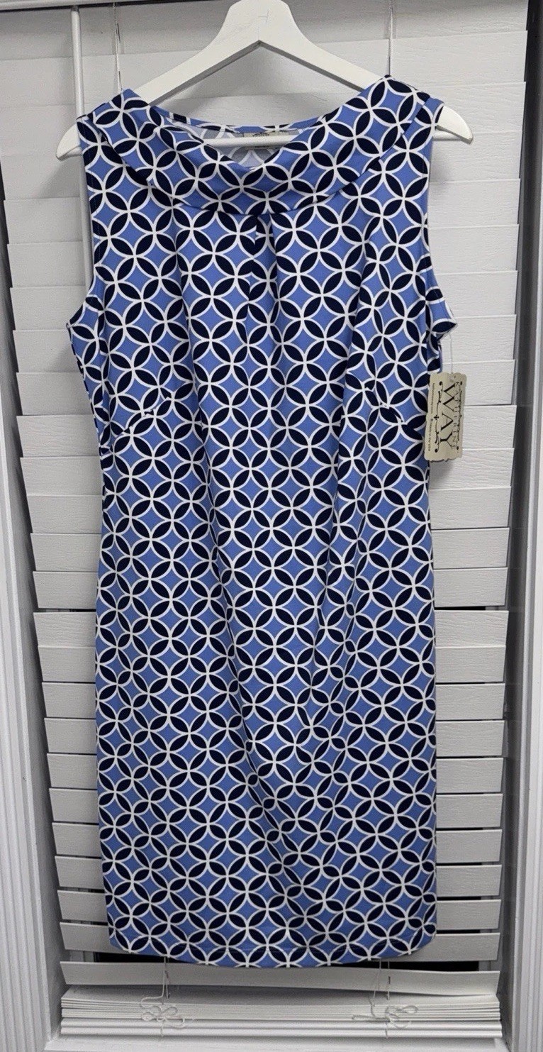 NWT Katherine Way Geometrical Blue And White Sleeveless Dress Medium