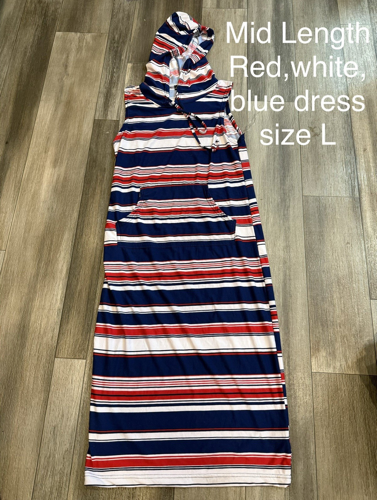 Women’s Red White Blue Striped Midi Tank Dress Sleeveless Polyester Size L