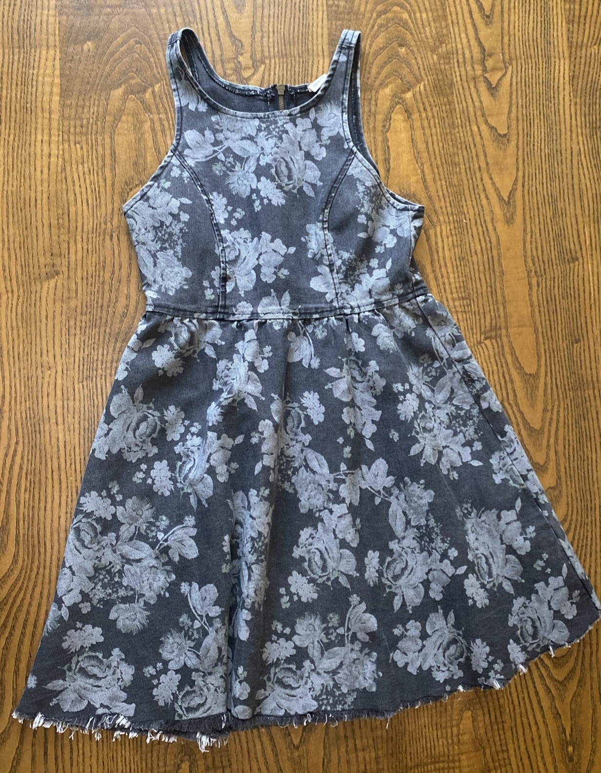 Size XS Some Days Lovin Frayed Hem Gray Floral Stretch Denim Mini Dress