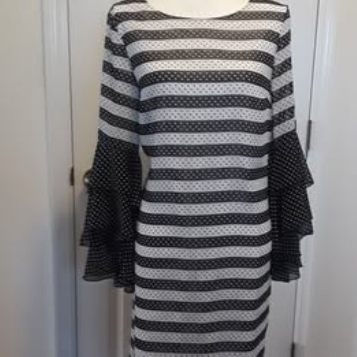 Est 1946 Size M Black & White Chiffon Polka Lined Dramatic Look Zip Shift Dress.