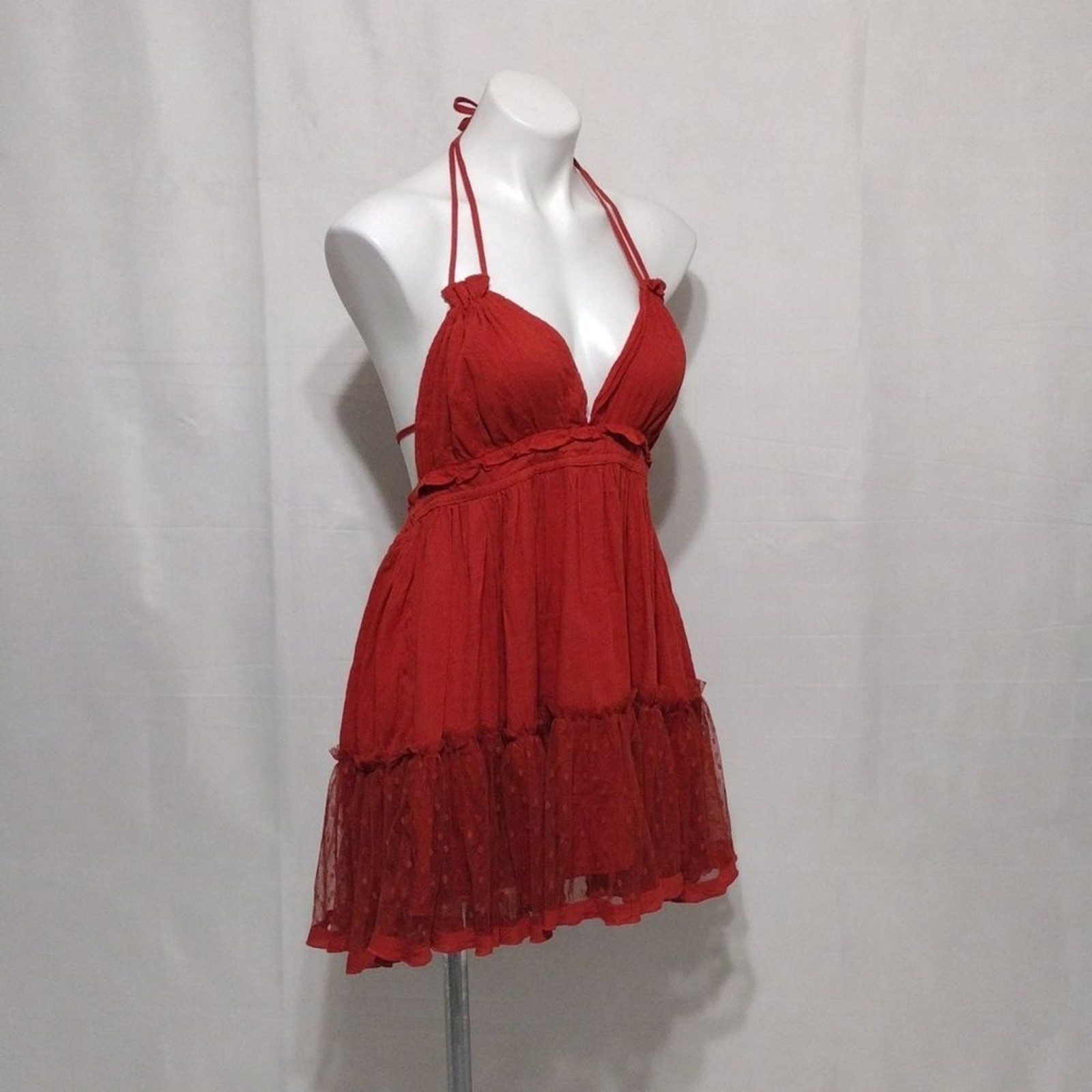 Bohemian Halter Neck Plunge VNeck Open Back Tiered Mini Dress Medium Chic Trendy
