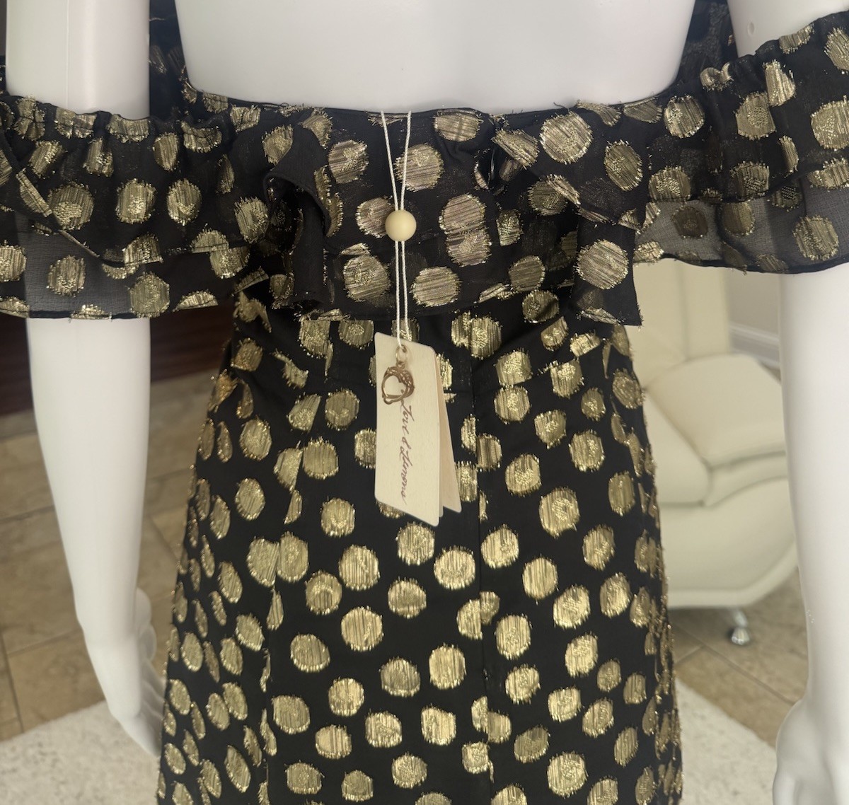 For Love & Lemons Lottie Ruffle Off the Shoulder Mini Dress in Gold Dot Size S