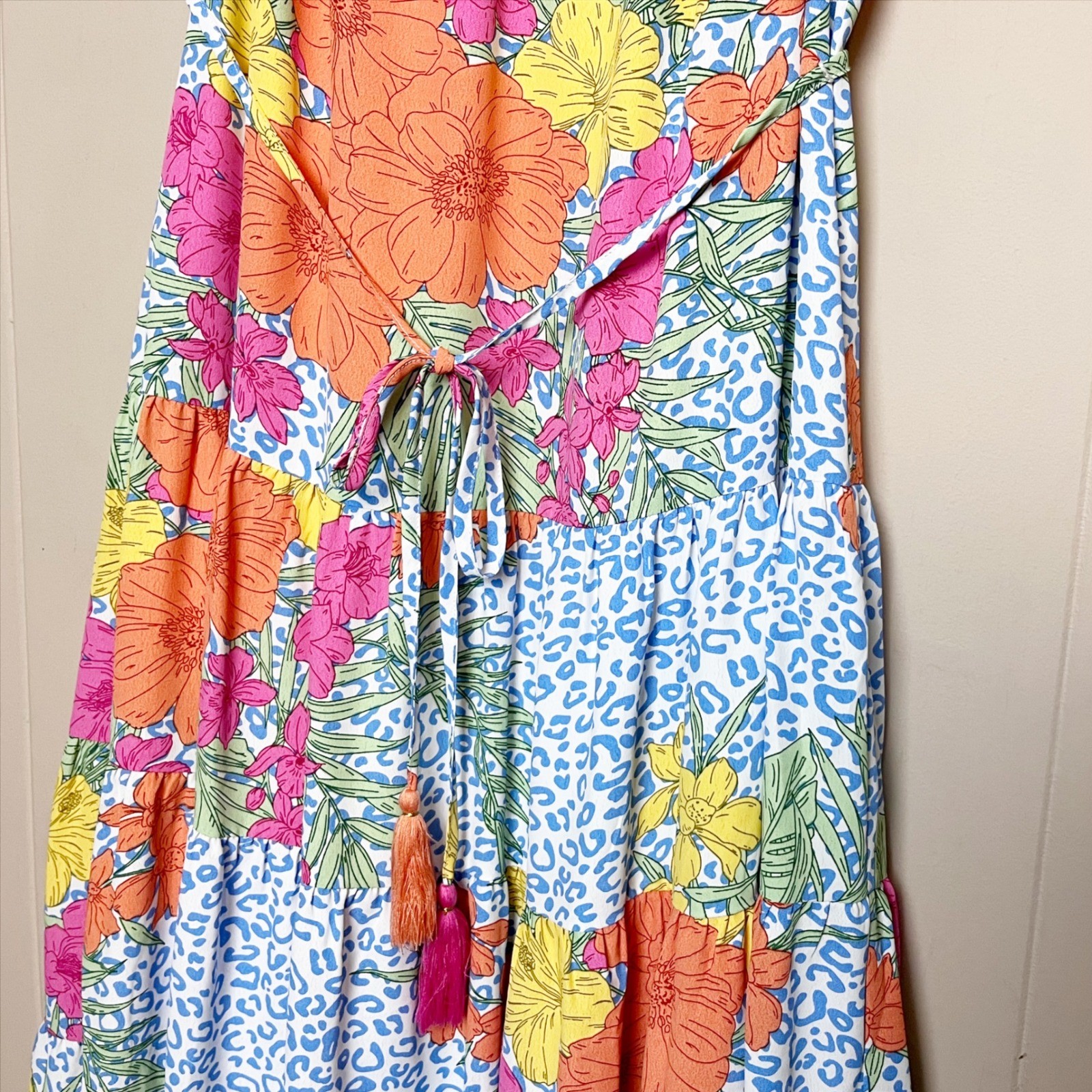 Coast NWT Floral Midi Dress Medium Leopard Print Tiered Tie Waist Beachy Blue