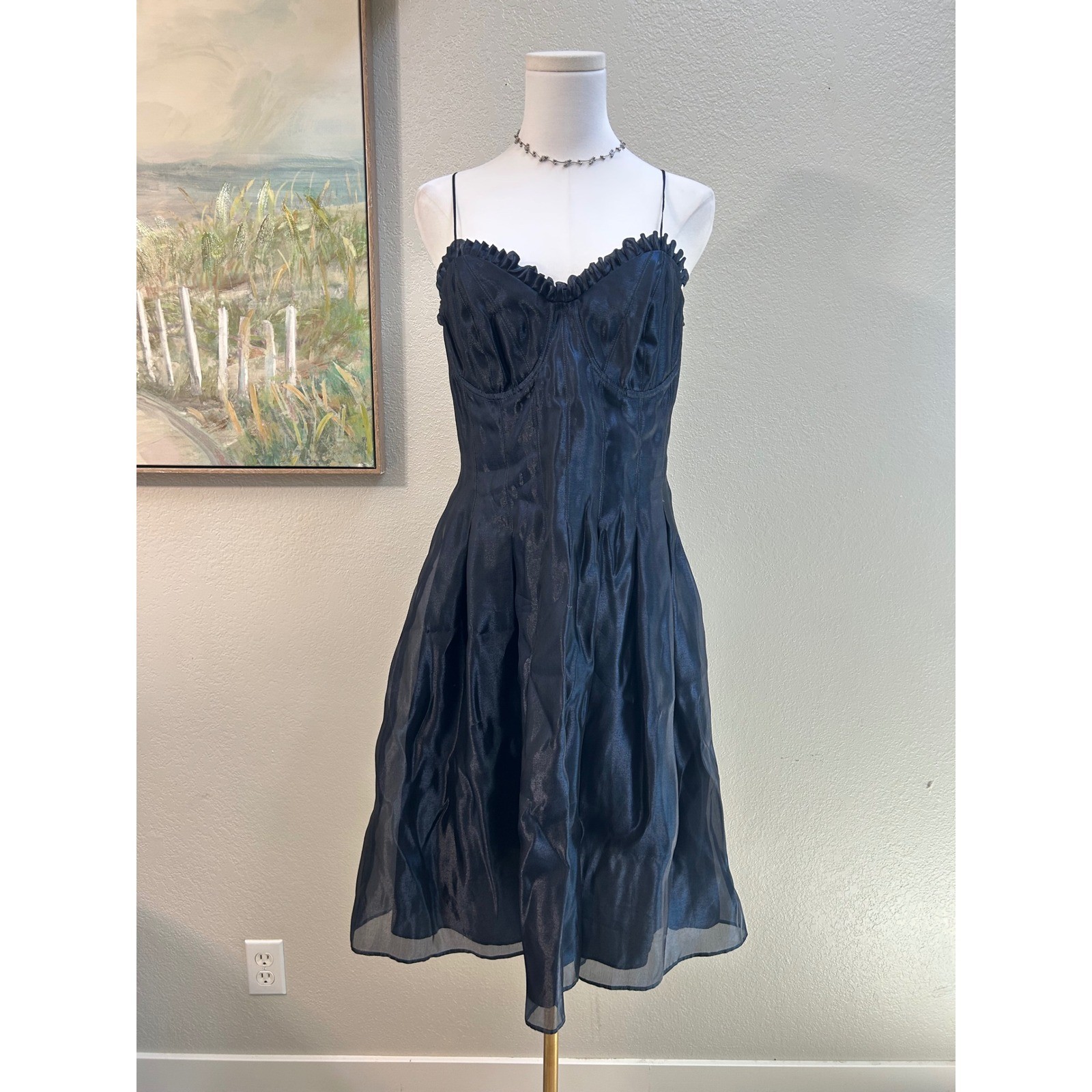 Vintage Mondi Gala Navy Silk Fit Flare Cocktail Dress Made in Poland EU 42