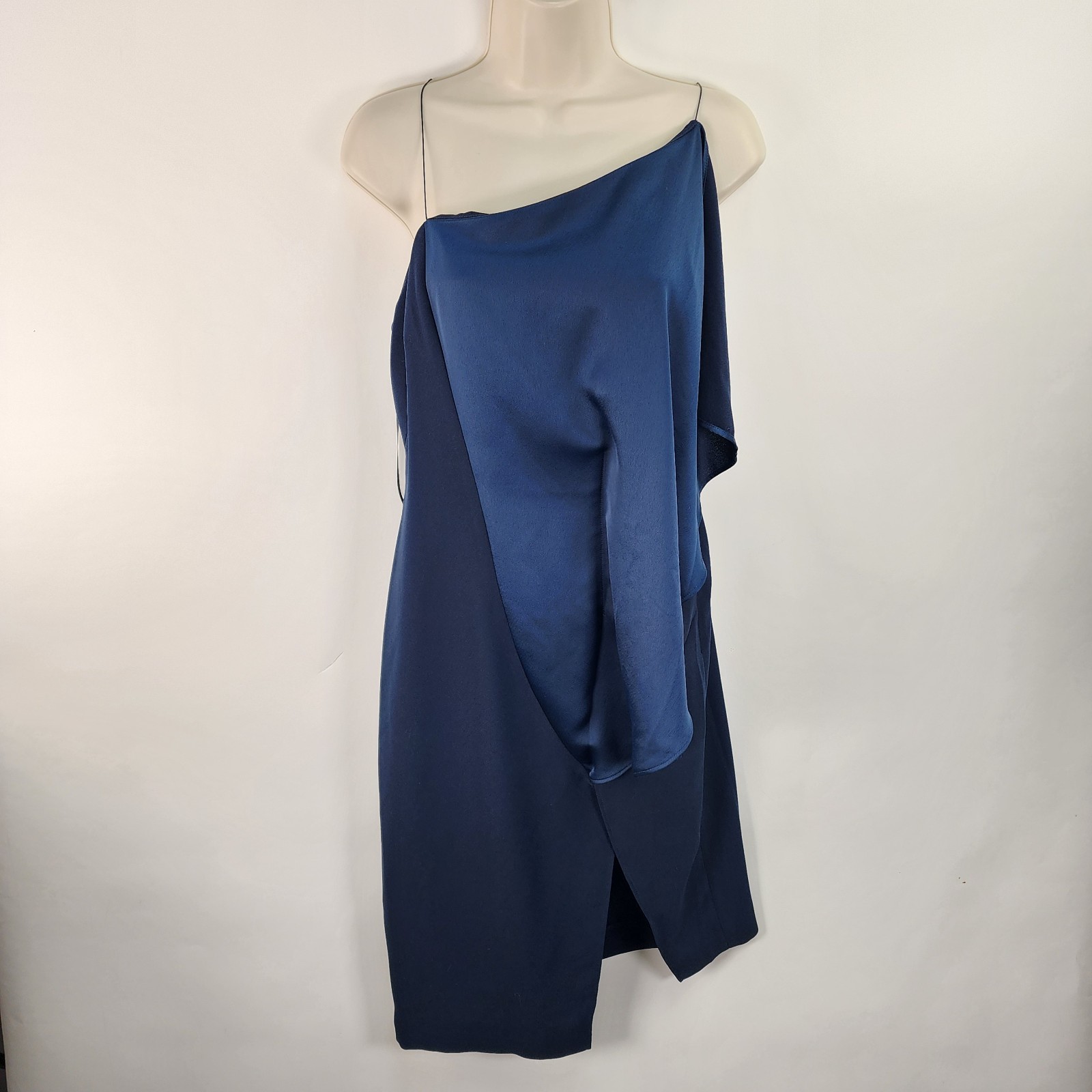 AQ/AQ Hestia Midi Dress Women’s 6 Blue Charcoal Cocktail Draped Overlay Leg Slit