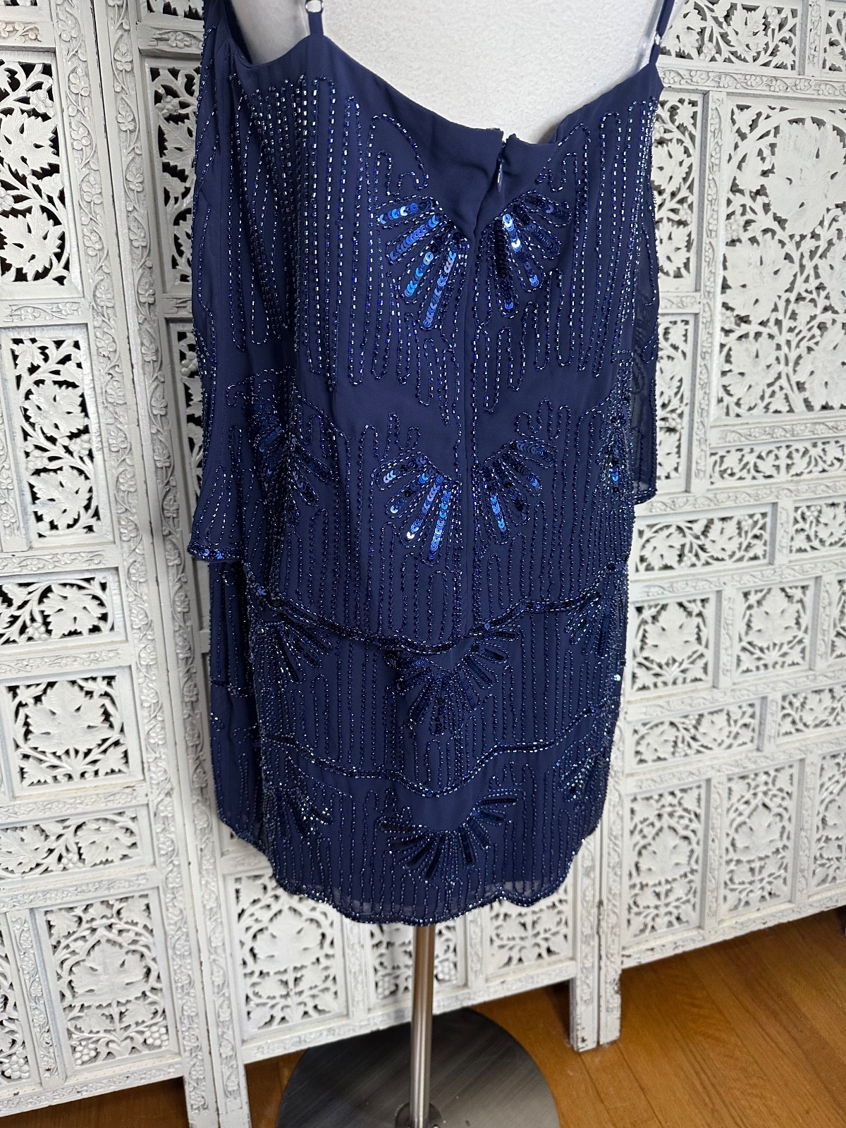 Laundry Shelli Segal Navy Blue Beaded Fairy Core Tiered Flapper Cocktail Dress