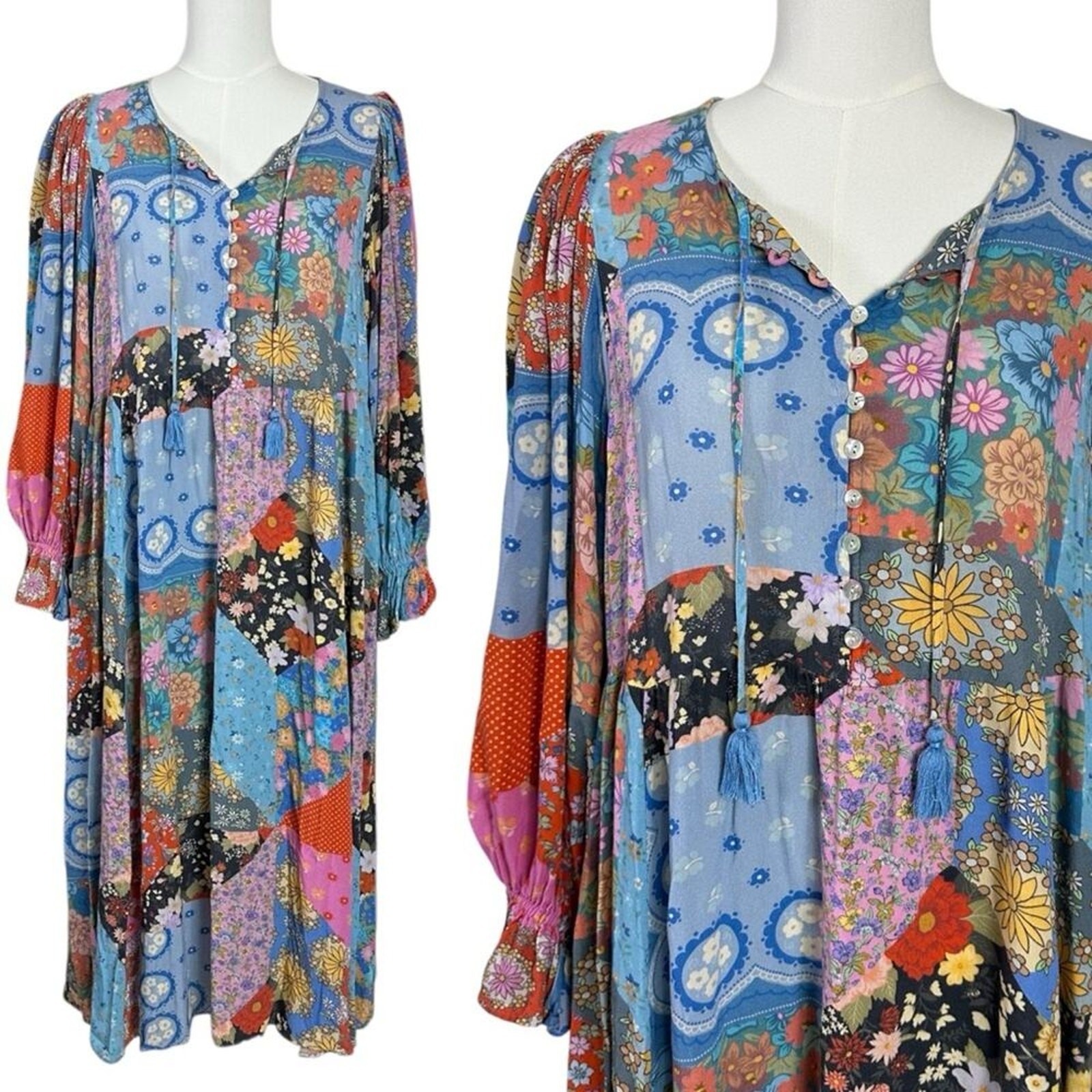 Spell & the Gypsy Bohemian Patchwork 70s Witchy Cha Cha Maxi Dress Size Small