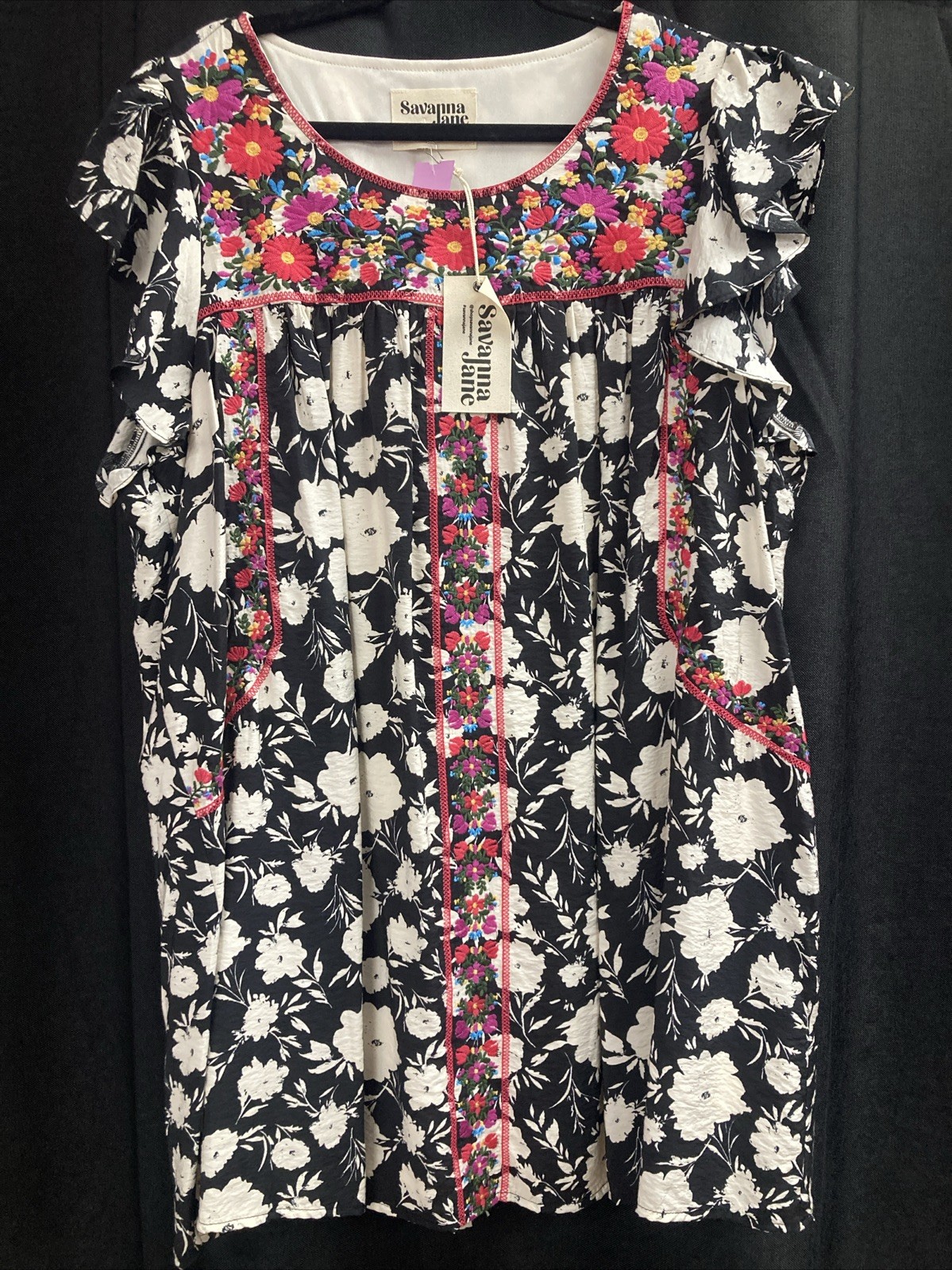 Savanna Jane Embroidered Dress NWT Size 1XL Black & White With Bright Colors