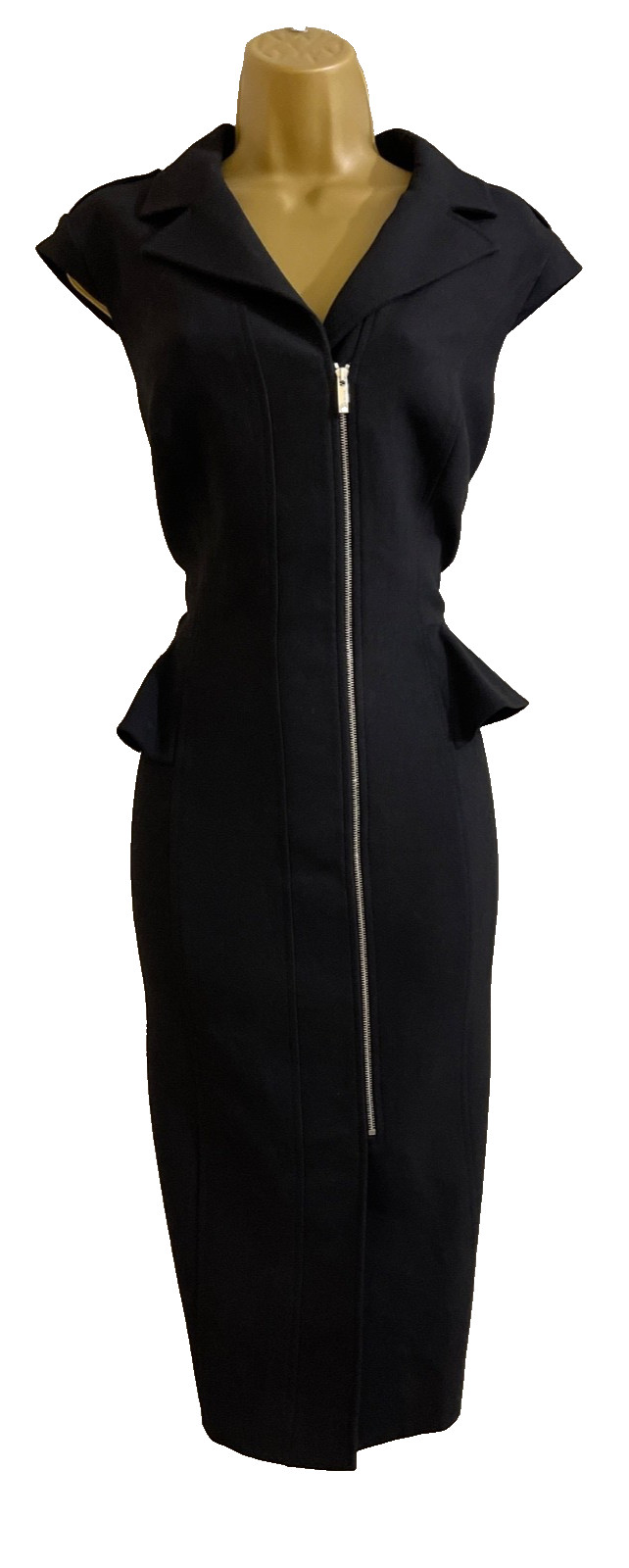 KAREN MILLEN BLACK PEPLUM ZIP-FRONT PENCIL DRESS UK 14 (US 10) EUR 42
