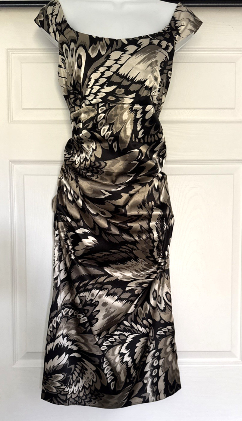 London Style Nights Satiny Sheath Sleeveless Black Tan Dress Ruching BODYCON 12