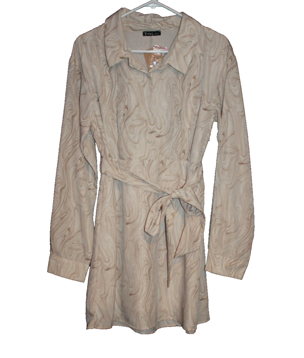 Very J Collared Long Sleeve Tie Waist Mini Dress Size Large L Cream Ivory NEW
