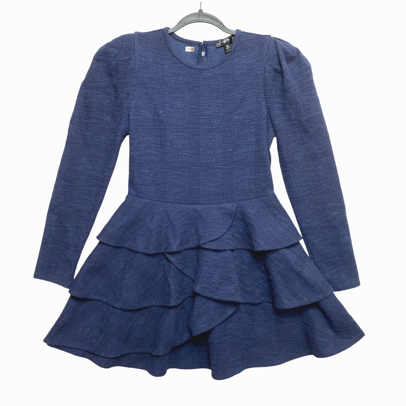 AQUA Mini Dress M Womens Navy Long Sleeve Textured Ruffle Tiered