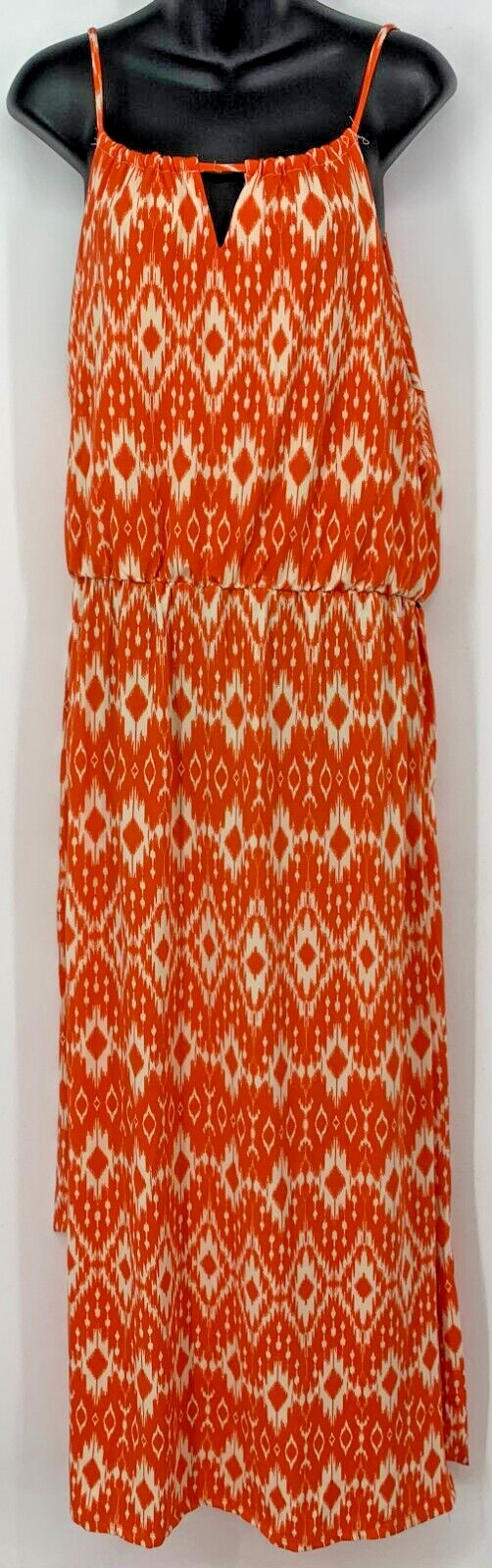 Snap Women Maxi Dress Size Large Orange White Argyle Spaghetti Strap Tie Stretch